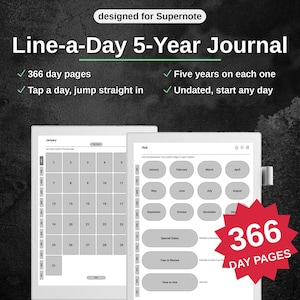 Może przedstawiać: Cyfrowy dziennik Line-a-Day 5-Year zaprojektowany dla Supernote, zawierający 366 stron dziennych, pięć lat na każdej stronie i format bez daty. Interfejs wyświetla widok kalendarza miesięcznego oraz hub z przyciskami nawigacji dla miesięcy i dat.