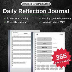 Puede incluir: Un diario de reflexión diaria digital diseñado para tabletas reMarkable 2. La interfaz muestra un centro con botones de navegación, una página de revisión semanal y 365 páginas diarias. El texto incluye "designed for reMarkable 2", "Daily Reflection Journal" y "365 DAILY PAGES".