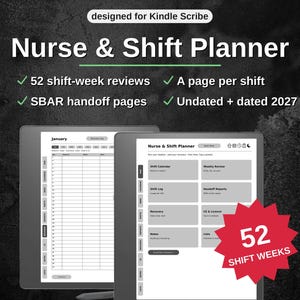 Op de afbeelding: Een digitale Nurse & Shift Planner ontworpen voor Kindle Scribe, met 52 weekoverzichten, SBAR-overdrachtpagina's en ongedateerde of 2027 gedateerde opties. De interface toont een kalenderweergave voor januari en een hoofdmenu met tabbladen.