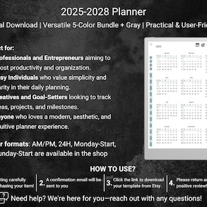 May include: Digital download 2025-2028 planner with a versatile 5-color bundle and gray design. The planner includes a calendar layout for each year. The text on the image says "Practical & User-Friendly".