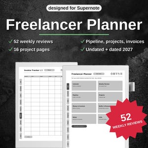 May include: A digital Freelancer Planner designed for Supernote, featuring an invoice tracker and a dashboard with sections for calendar, weekly reviews, pipeline, projects, money, invoices, notes, and lists, including 52 weekly reviews and 16 project pages.