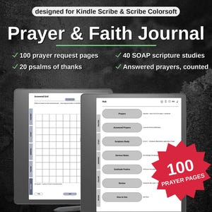May include: A digital Prayer & Faith Journal designed for Kindle Scribe & Scribe Colorsoft. The interface displays a hub with navigation buttons for prayers, scripture study, and sermon notes, alongside a grid for answered prayers and 100 prayer pages.