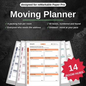 Op de afbeelding: Een digitale verhuisplanner ontworpen voor reMarkable Paper Pro, met een dashboard voor tijdlijnen, doosregistratie, nutsvoorzieningen en budget. De interface bevat 14 kamerhubs, ruimte voor 60 genummerde dozen en een adresoverzicht.