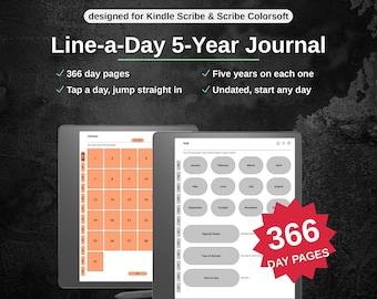 Dziennik pięcioletni dla Kindle Scribe | Jeden wiersz dziennie, 366 stron, rozkładówki z podsumowaniem 5 lat | PDF bez daty