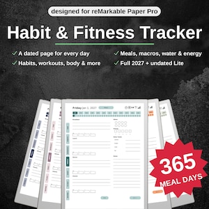 Op de afbeelding: Een digitale gewoonte- en fitnesstracker ontworpen voor reMarkable Paper Pro. Het scherm toont een gedateerde pagina voor vrijdag 1 januari 2027, met secties voor maaltijden, macro's, water en energie. Een rode ster bevat de tekst 365 MEAL DAYS.