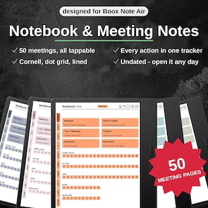May include: A digital planner for Boox Note Air titled Notebook & Meeting Notes. It features a Notebook Hub with sections for meetings, action trackers, projects, and note stacks. The interface includes Cornell, dot grid, and lined page options.