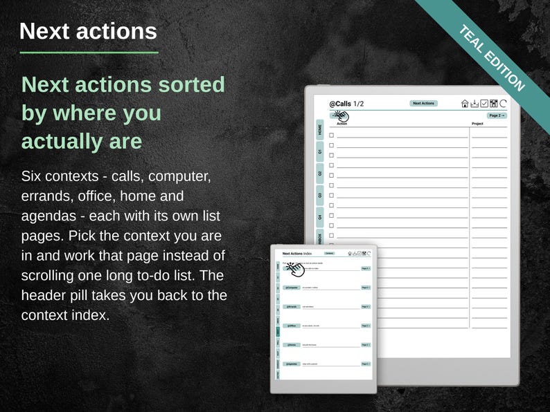 Next actions page for a single context, beside the index of all six contexts