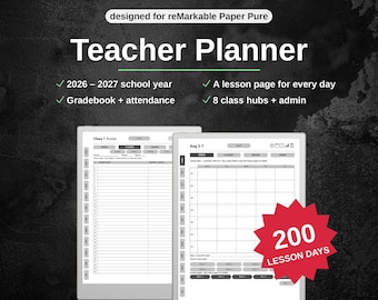 Teacher Planner 2026-2027 for reMarkable Paper Pure | A Lesson Plan for Every Period, Weekly Grids, Gradebook, Class Hubs | Hyperlinked PDF