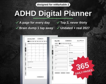 ADHD Digital Planner for reMarkable 2 | 459 Pages, a Page for Every Day | Undated + 2027 | Time Blocking, Hyperlinked PDF