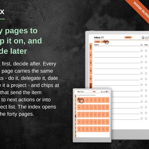 Inbox capture page with do, delegate, date and project tick boxes, beside the forty-page inbox index