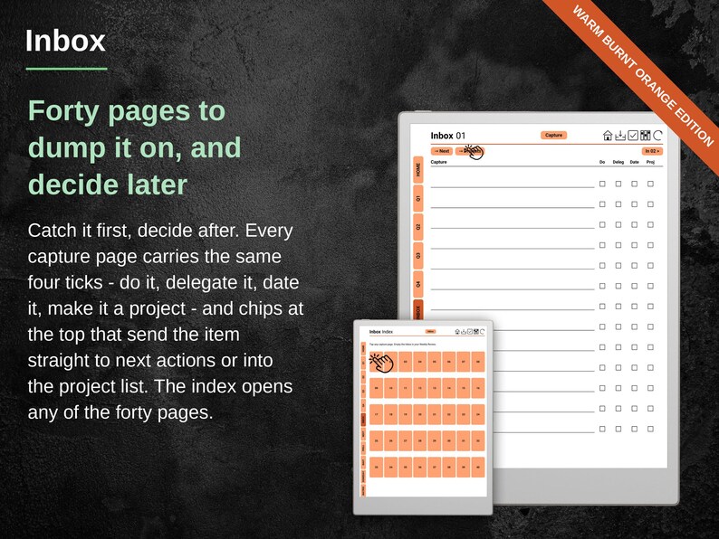 Inbox capture page with do, delegate, date and project tick boxes, beside the forty-page inbox index