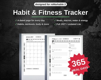 Habit & Fitness Tracker 2027 for reMarkable 2 | Daily Meal Log, Habit Grids, Workout 75-Day Challenge | Hyperlinked PDF