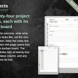 Project hub page with outcome, next action and a button to its kanban board, beside the project index