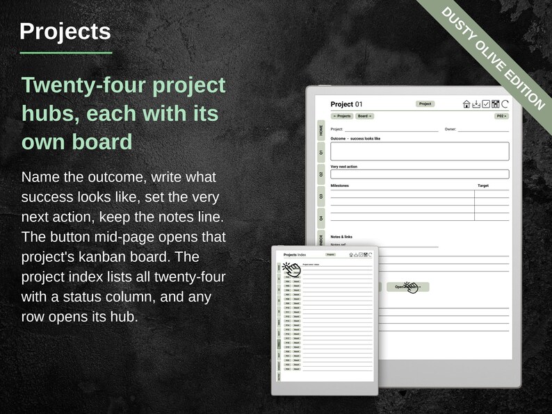 Project hub page with outcome, next action and a button to its kanban board, beside the project index