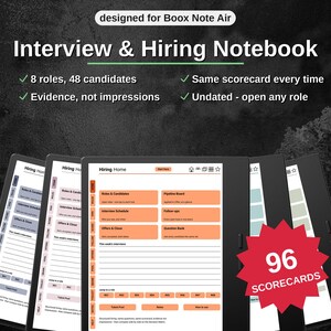 Könnte beinhalten: Ein digitales Interview & Hiring Notebook für das Boox Note Air. Die Benutzeroberfläche zeigt Reiter für Roles & Candidates, Interview Schedule, Offers & Close und Question Bank. Eine rote Sternform hebt 96 Scorecards hervor.