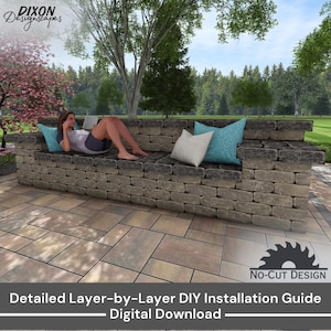 May include: A stone bench with a layered design, featuring a person sitting on it. The bench is surrounded by a patio made of stone pavers. The text "NO-CUT DESIGN" is visible in the lower right corner of the image. The text "Detailed Layer-by-Layer DIY Installation Guide Digital Download" is visible at the bottom of the image.