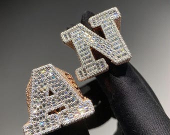 Custom Hip Hop Ring Round & Baguette Moissanite Ring,initial letter a to z Ring Lucky Number Ring Iced Out Letter Ring 14k Gold Plated Gift