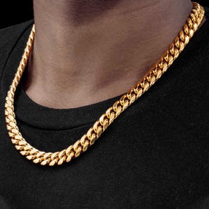 Chaîne à maillons Miami Cuban de 14 mm en acier inoxydable épais plaqué or 14 carats Collier cubain hip hop audacieux pour homme avec boîte-cadeau gratuite