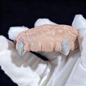 May include: Close-up of a dental mold with two silver-colored, diamond-studded fangs. The fangs are set on a pinkish-tan dental impression. The background is a dark color, and the mold is held by a gloved hand.