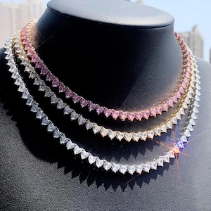 Bling Iced Out Tennis Chain | Hip Hop Cubic Zirconia Heart Shaped Links | Unisex Rapper Necklace | 5mm Luxury gift for her