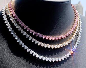 Bling Iced Out Tennis Chain | Hip Hop Cubic Zirconia Heart Shaped Links | Unisex Rapper Necklace | 5mm Luxury gift for her