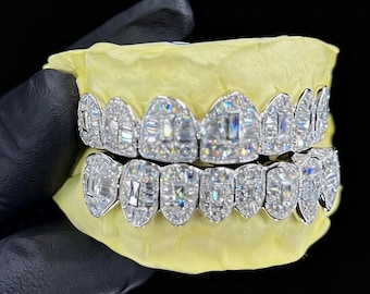 Custom Fit Grillz with Free Mold Kitz  Sterling Silver VVS Moissanite Grillz Round Bright Cut Diamond Grillz 10K 14K 18k Gold Tooth Grillz