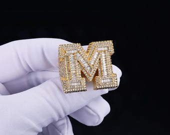 Iced Out &#39;M&#39; Gold Plated CZ Ring - Hip Hop Bling Wedding Band for Him/Her, Anniversary Engagement Gift, Luxury Promise Jewelry