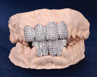 Customize your Grillz 14K Gold Plated  4 on 4 Grillz Silver Moissanite Full Iced Out Grillz Free Molding Kit &quick Shipping Gift for Him