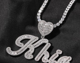 Personalized 14K Gold Plated Hip Hop Initial Necklace Love Heart Iced Out  Pendant  Clasp Unique Birthday Gift for Her With Free Rope Chain