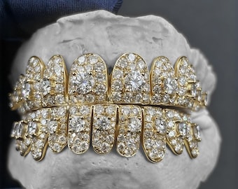 Custom Perm Cut Diamond Grillz Custom 925 Silver 10 On 10 VVS Moissanite 14K Gold iced out Grillz Custom deep cut Grillz with Free Mold Kits