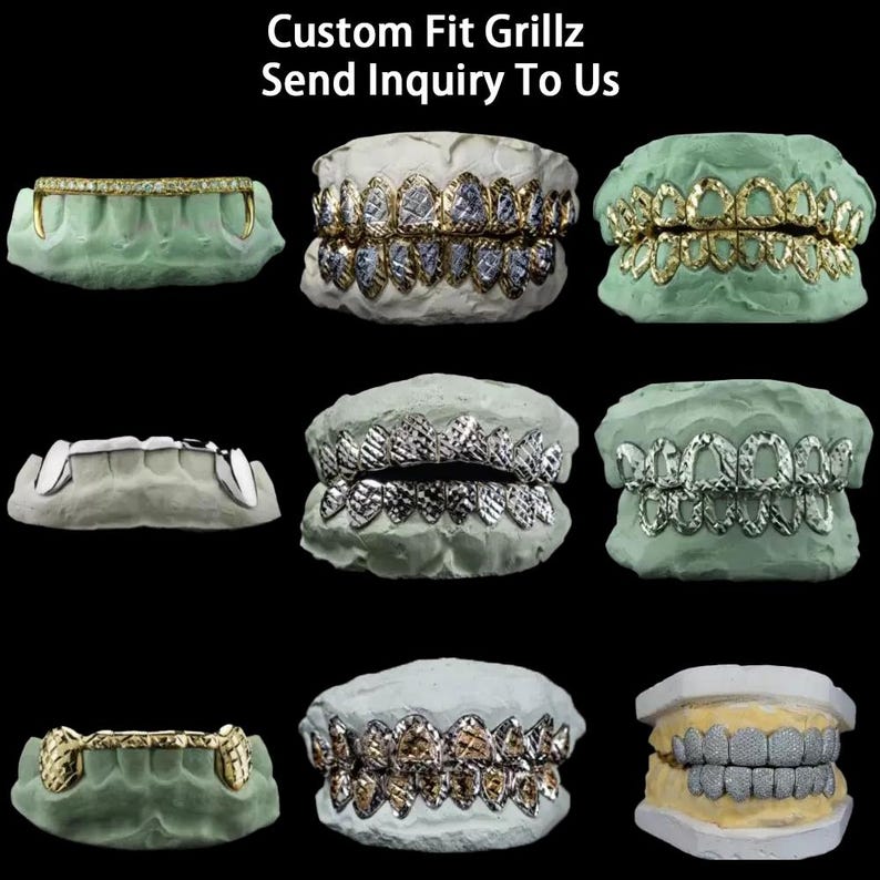 May include: An assortment of custom-fit grillz in various designs and colors, displayed on dental molds. The grillz feature gold, silver, and diamond-like embellishments. The text "Custom Fit Grillz Send Inquiry To Us" is at the top.