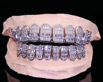 Custom Fit Iced Out Grillz Real 925 Silver 10K , 14K Yellow, Rose, White Gold Fangs 8*8  Baguette VVS Pass diamond tester Moissanite Grillz