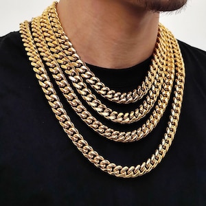 Véritable chaîne à maillons cubains Miami solide 10 mm, 12 mm en acier inoxydable plaqué or 14 carats hip hop cubain collier cadeau pour hommes avec boîte-cadeau gratuite