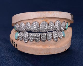 Custom Fit Grillz Pave Setting Multi-Colored Opal Diamond S925 Silver Moissanite Iced Out Grillz Teeth 8 on 8 Grillz in 10K , 14K Gold