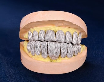 Iced Out Grillz Moissanite Diamond Honeycomb 8*10 Grillz Real S925 Sterling Silver 10K , 14K Yellow, Rose, White gold  With Free Mold Kits