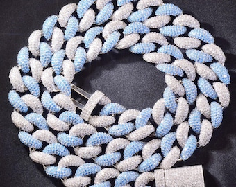 14MM Silver & Blue Bubble Cuban Link Chain  Full Iced out  Necklace for Men | Iced Out Streetwear Jewelry | Hip Hop Accessories Gift for Him
