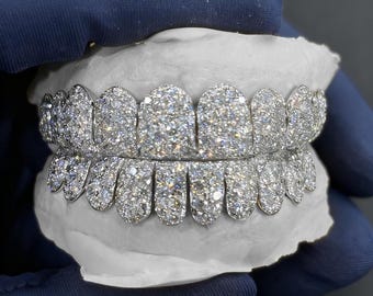Perm Cut Iced Out Diamond Grillz Custom 925 Silver 10 On 10 VVS Moissanite 14K Rose Gold iced out Grillz Custom Grillz with Free Mold Kits