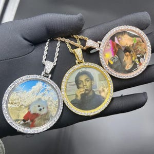 Custom Photo Large Circle Bling Necklace, Personalized Round Photo Pendant, Iced Out CZ Hip Hop Jewelry Gift for Men Women, Free Engraved