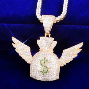 Collana con ciondolo a forma di sacco porta soldi alato Hip Hop / Catena con sacco porta dollari con angelo scintillante / Gioiello ghiacciato con zirconi cubici / Regalo per rapper da uomo