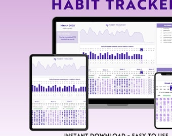 May include: A digital illustration of a Google Sheets template for a daily, weekly, and monthly habit tracker. The image shows a laptop, tablet, and smartphone displaying the template. The text "DAILY, WEEKLY & MONTHLY HABIT TRACKER" is at the top of the image. The text "GOOGLE SHEETS TEMPLATE" is in the upper right corner of the image. The text "YOUTUBE TUTORIAL" is in the lower right corner of the image. The text "STAY ORGANISED & MOTIVATED!" is in the lower right corner of the image. The text "INSTANT DOWNLOAD - EASY TO USE" is in the lower center of the image. The text "GOOGLE SHEETS - TRACK YOUR DAILY, WEEKLY & MONTHLY HABITS" is in the lower center of the image.
