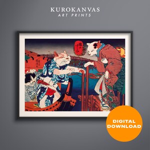 May include: Framed art print with a Japanese-style illustration of cats in traditional attire. The image shows cats on a bridge and in a boat, with vivid colours and detailed elements. The text "KUROKANVAS ART PRINTS" is at the top.