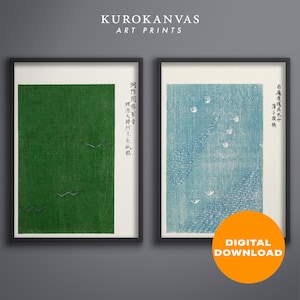 May include: Two framed art prints. The left print has a green background with flying birds. The right print has a blue background with white circular shapes. Both prints have Japanese text and are labeled "Digital Download".