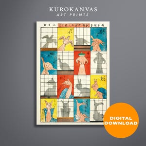 May include: Digital art print showing a grid of colourful squares with hand gestures and shadow figures. The artwork includes Japanese text and the words "KUROKANVAS ART PRINTS". A digital download is available.