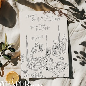 Sjabloon handgetekende Spaanse huwelijksuitnodiging: Spaans eten en sangria etentje (digitale download) 004