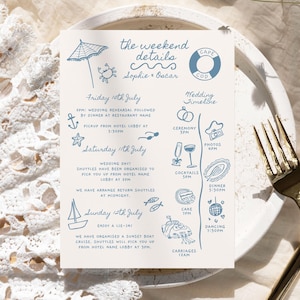 May include: A rectangular wedding weekend itinerary card featuring blue ink illustrations of nautical icons like a beach umbrella, sailboat, and life preserver. The text details a schedule for Friday, Saturday, and Sunday, including a wedding timeline.