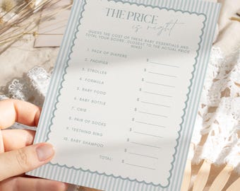Gra „The Price Is Right” na baby shower, szablon do gry w pastelowym błękicie do druku (pobieranie cyfrowe) BS02