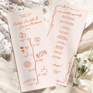 Può includere: Due programmi di nozze con illustrazioni e testo arancione, inclusi i nomi di Natalie Smith e James Andrews. I programmi elencano la cerimonia, le foto, i cocktail, la cena, la torta e l'orario del ballo.