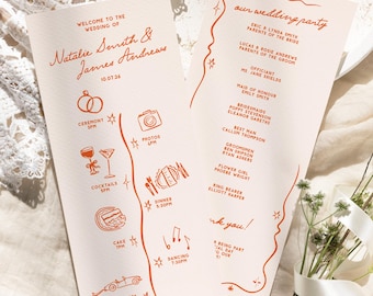 Plantilla para programa de boda: Orden de la ceremonia dibujado a mano con estilo caprichoso y cronograma (descarga digital)