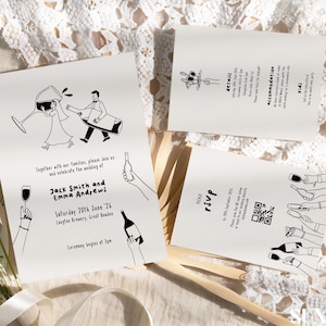 May include: A set of wedding stationery with a playful black and white design. The invitation shows a couple with a wine glass and barrel. Includes RSVP and details cards. The text reads "Jack Smith and Emma Andrewi, Saturday 20th June '26."