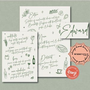 May include: A collection of elegant, hand-drawn wedding stationery. The set includes a menu, place card with the name "Edward", and a menu with cocktail, wine, beer, and non-alcoholic beverage options. The design features green script and illustrations.